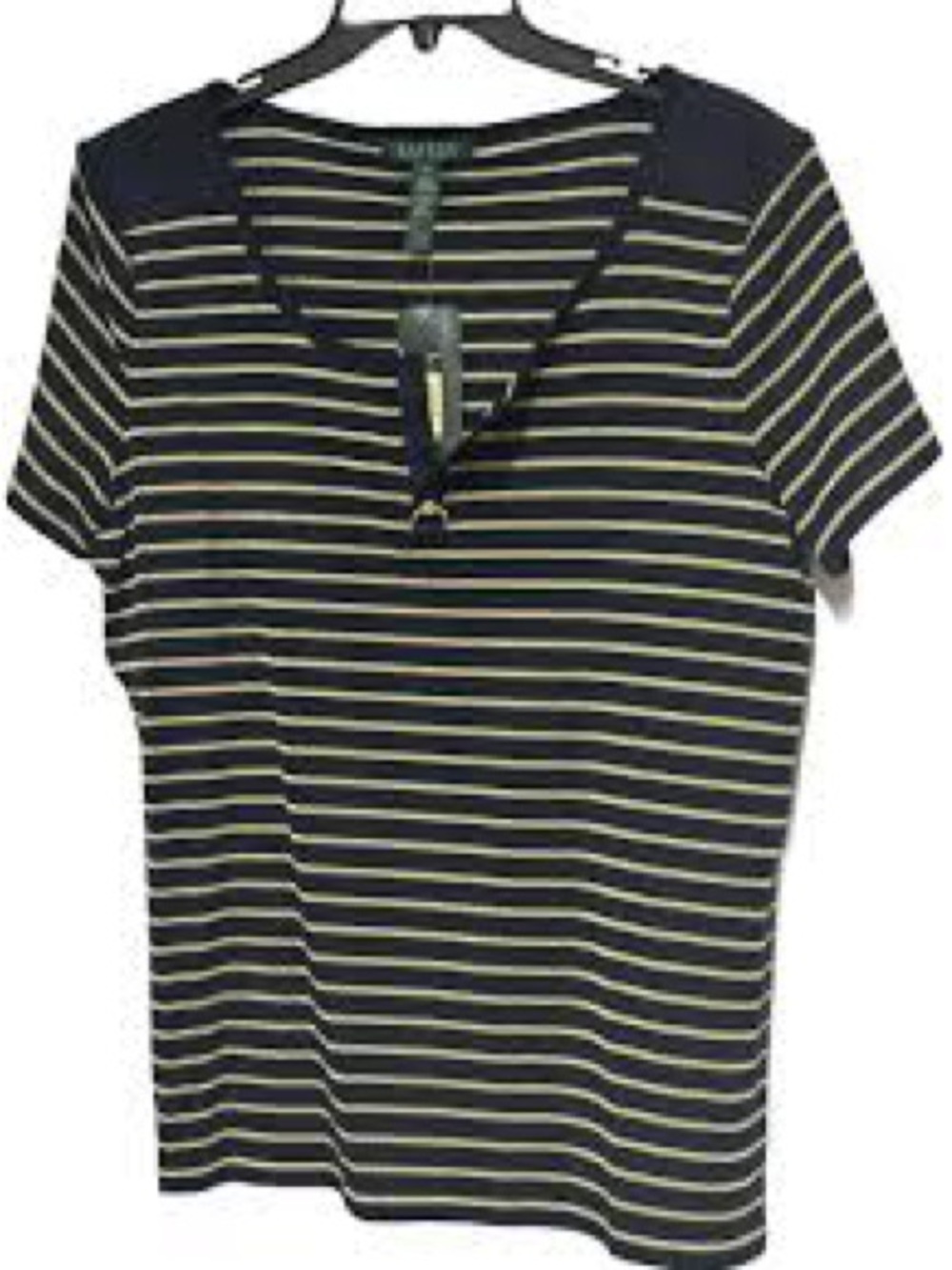 Lauren Ralph Lauren Navy and Cream Striped V-Neck Short Sleeve Tee